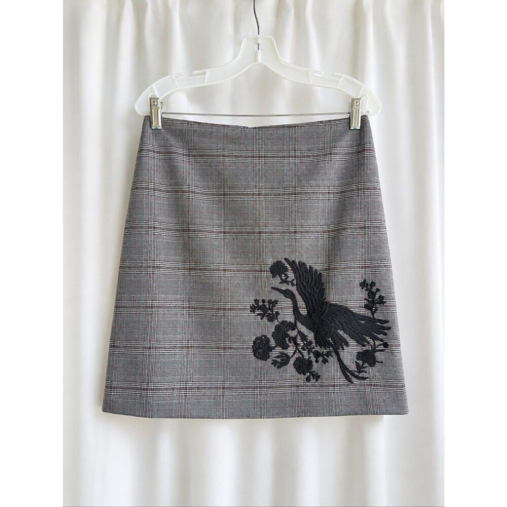 LOFT Gray Black Glen Plaid Crane Embroidered Lined Dark Academia Chic Mini Skirt